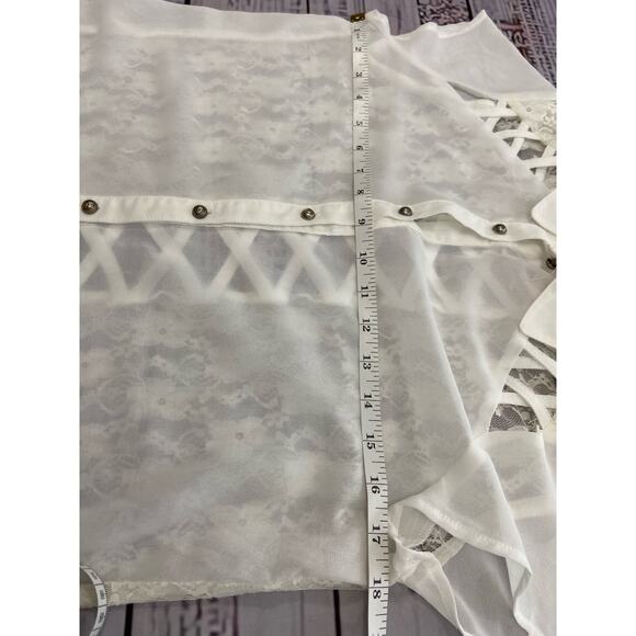 Uno Core Sheer Top Womens S Floral Lace Lattice Back Short Sleeves Collar White - Picture 6 of 10